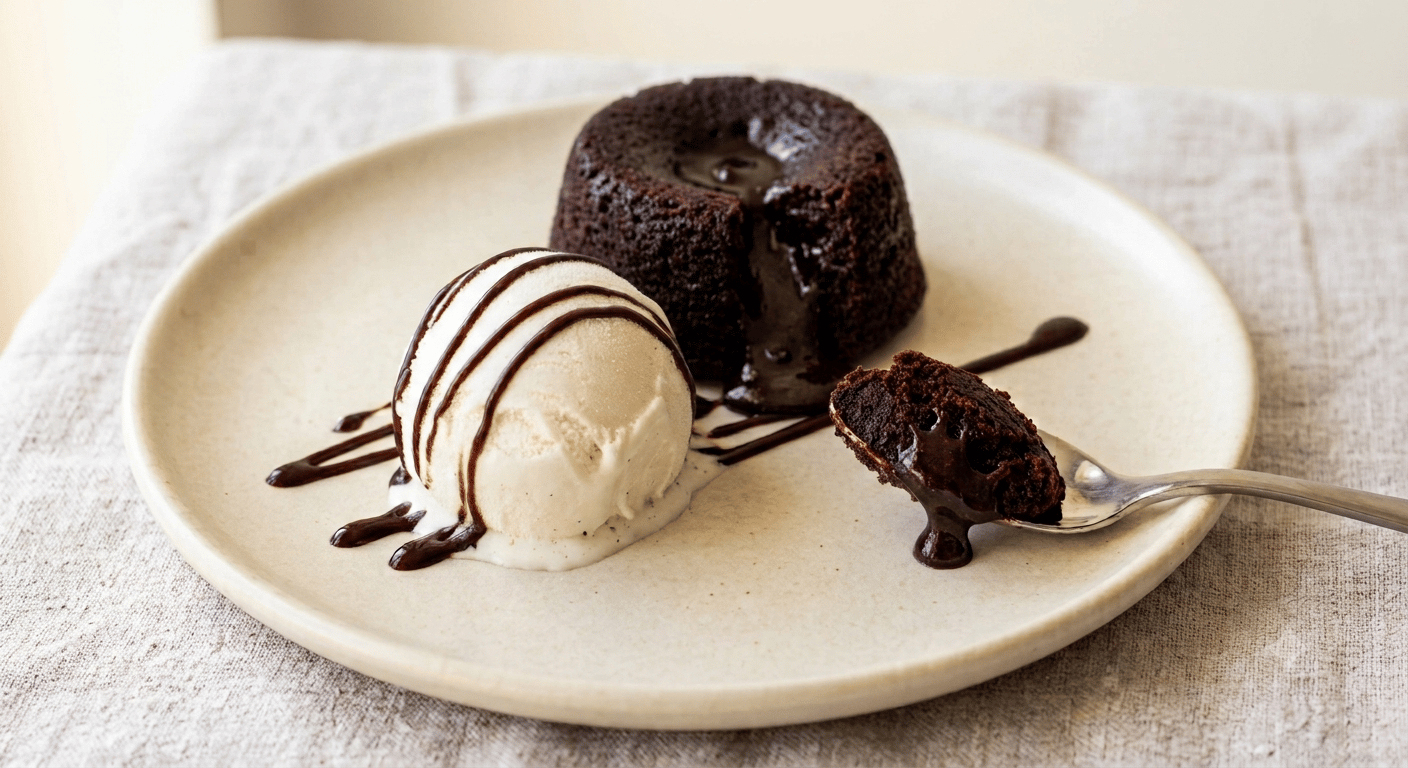 Choco Lava Cake served with a scoop of vanilla ice cream