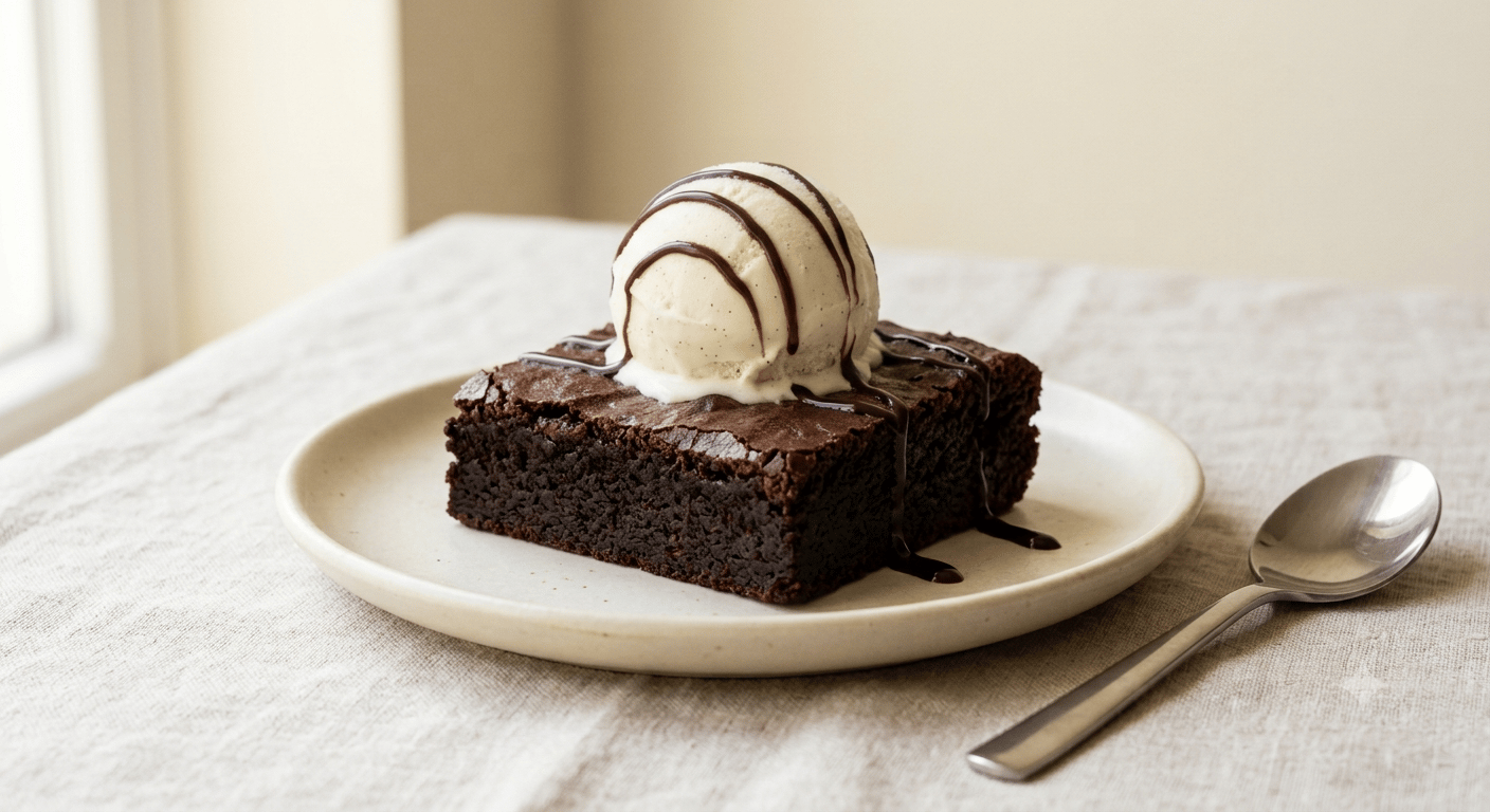 Signature Chocolate Brownie served with a scoop of vanilla ice cream
