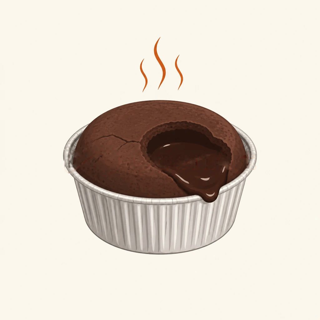 A lava cake served in its aluminium cup, centre flowing