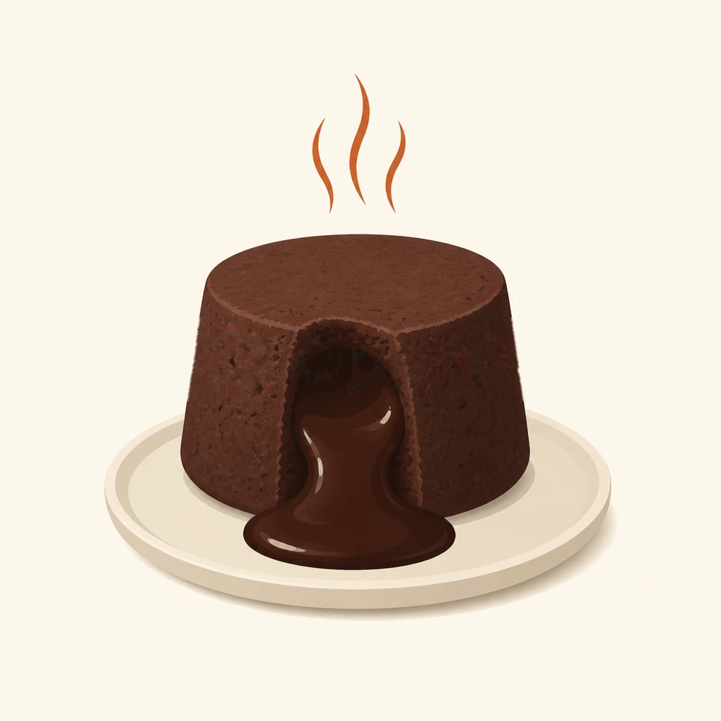 A lava cake turned out onto a plate, centre flowing